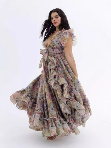 Australian Minority V-Leading Flying Sleeves Of The Same Holiday Wind Bow Bow Waist Dress Dress Dress Woman